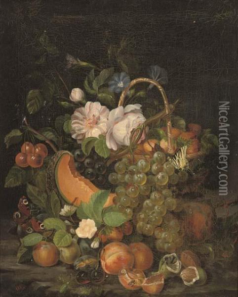 Butterflies On A Basket Of Fruit And Summer Blooms Oil Painting - Jan Van Huysum