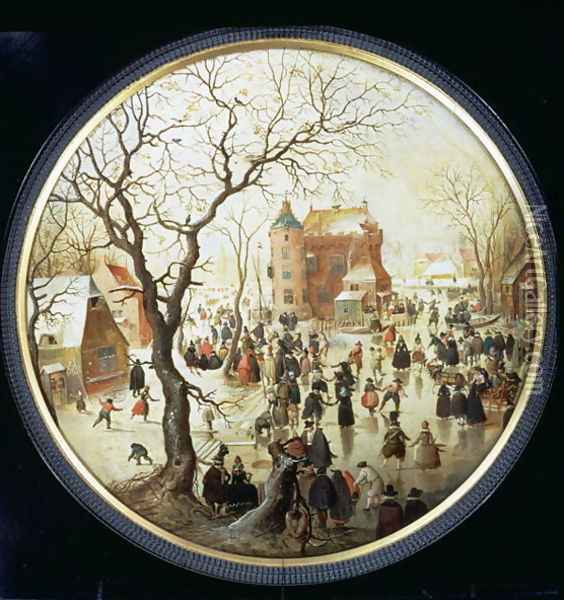 Winter Scene with Skaters near a Castle c.1608-09 Oil Painting - Hendrick Avercamp