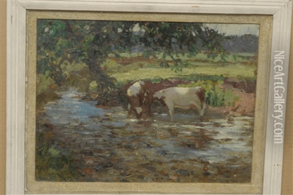 Cattle In A Stream, A Meadow Beyond Oil Painting - William Hannah Clarke
