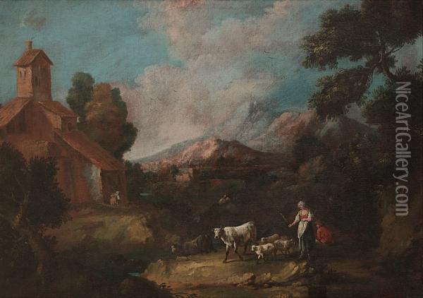 Shepherds And Shepherdess Grazing Their Cattlebefore A Mountainous Landscape Oil Painting - Antonio Diziani
