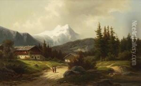 Wanderer Bei Der Alm Oil Painting - Julius Schonrock