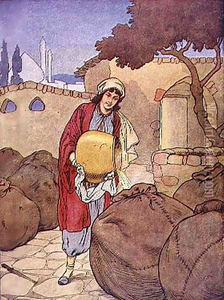 Morgiana Kills the Hidden Thieves by Pouring Boiling Oil on Them, scene from Ali Baba from 'My Nursery Story Book' Oil Painting - Frank Adams