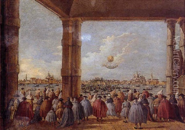 The Ascent Of The Montgolfier Balloon Over Venice Oil Painting - Giacomo Guardi