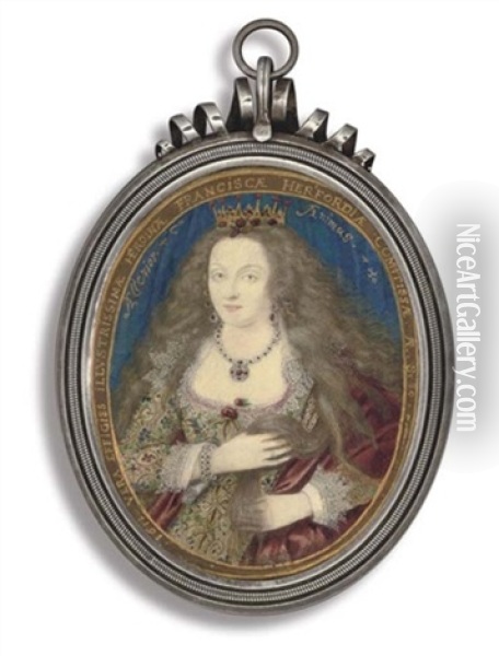 Frances, Countess Of Hertford Holding Her Long Wavy Light Brown Hair In Her Hands Oil Painting - Nicholas Hilliard