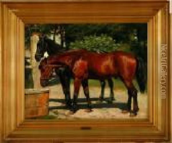 Two Horses Are Drinking Water By A Pump Oil Painting - Otto Bache