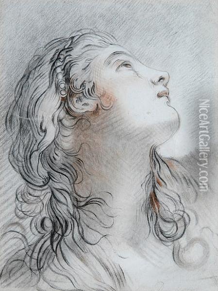 A Head And Shoulder Study Of A Young Girl With Long Flowing Hair Oil Painting - Jean Baptiste Greuze