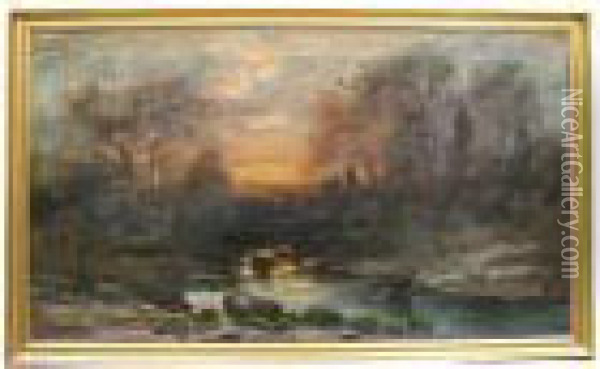 A Wooded Landscape At Sunset With A Stream In The Foreground Oil Painting - Christopher H. Shearer