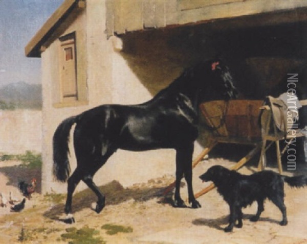 Rappe Und Hofhund Vor Dem Stall Oil Painting - Albert Lugardon