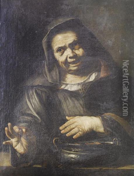 Portrait Of An Old Lady Cooking Chestnuts In A Brazier Oil Painting - Pietro Bellotti