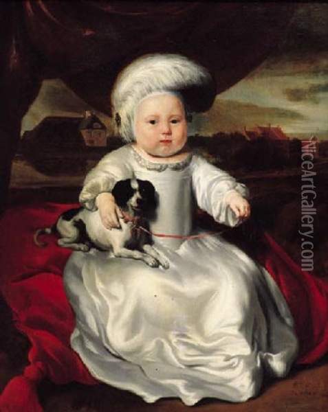 Portrait Of A Baby Boy Seated On A Cushion By A Draped Curtain, Wearing A White Satin Dress And Feathered Hat, A Pet Dog On His Lap, A Landscape Beyond Oil Painting - Nicolaes Maes