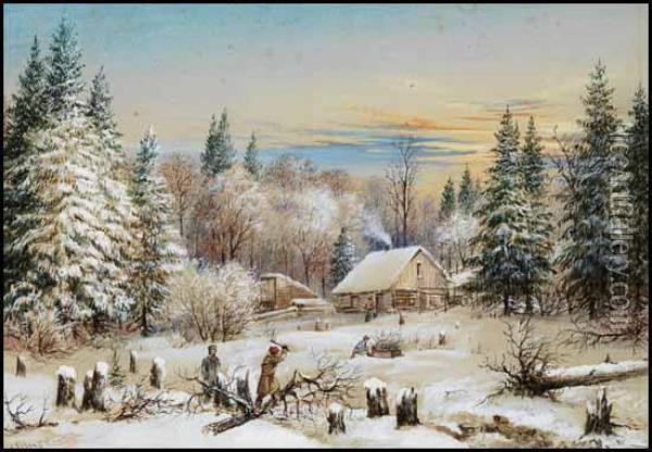 A Canadian Homestead In Winter Oil Painting - Washington F. Friend