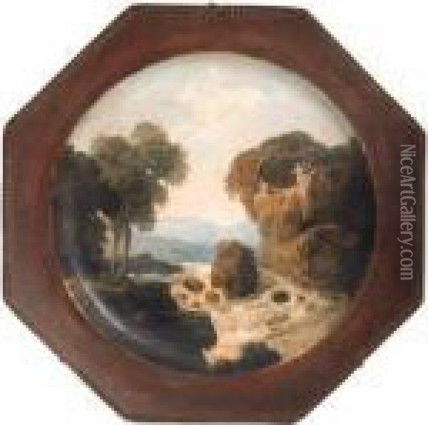 A Gorge With Figures On A Rock 
Above A Waterfall, Painted On Anoctagonal French Creamware Plate With A 
Beaded Rim Oil Painting - Hubert Robert