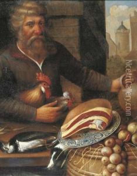 A Peasant Selling Ham, Onions And Poultry At A Market Oil Painting - Floris Gerritsz. van Schooten