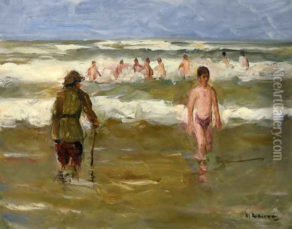 Boys Bathing with Beach Warden Oil Painting - Max Liebermann