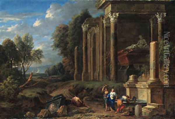 A capriccio of classical ruins in a wooded landscape, with women by a fountain by a tomb and a shepherd resting on a plinth, the sea beyond Oil Painting - Johannes (Polidoro) Glauber