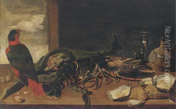 A Parrot, A Lobster, An Artichoke, Oysters, A Roemer Of Wine And Aflask On A Ledge Oil Painting - Frans Snyders