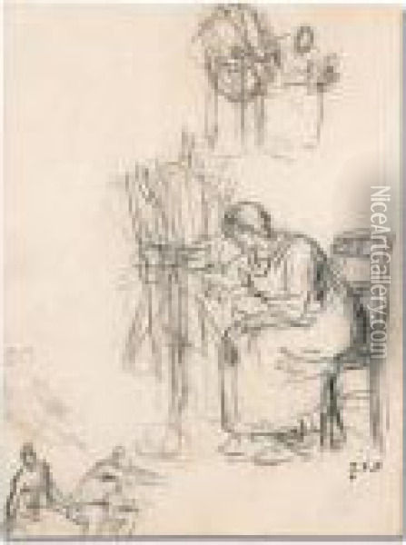 Sketch Sheet With A Woman Spinning And Other Figures Oil Painting - Jean-Francois Millet