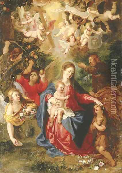 The Rest on the Flight into Egypt with the youthful Saint John the Baptist and angels with fruit and flowers, cherubim aloft holding the Instruments o Oil Painting - Hendrik van Balen