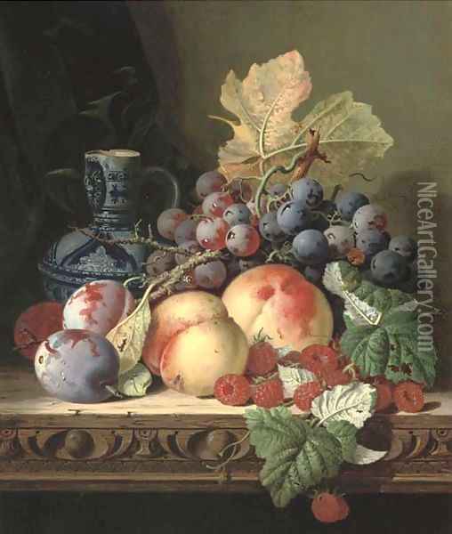 Plums, peaches, raspberries, grapes and a stoneware jug on a carved table Oil Painting - Edward Ladell