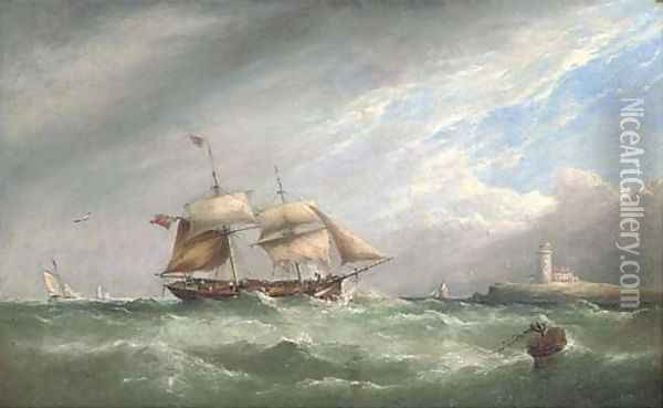 A merchant brig heaving-to off a lighthouse Oil Painting - Henry King Taylor