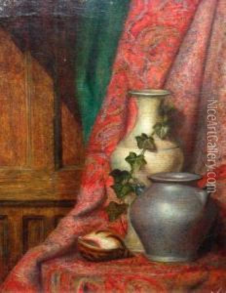 Still Life Study Of Stone Vases And Shell On A Paisley Shawl Oil Painting - Eloise Harriet Stannard