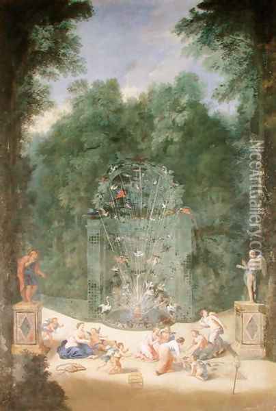 The Groves of Versailles View of the Entrance to the Maze with Birds, Nymphs and Cherubs, 1688 Oil Painting - Jean II Cotelle
