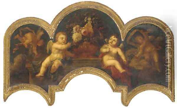 Putti with an urn of flowers on a ledge Oil Painting - Peter Casteels