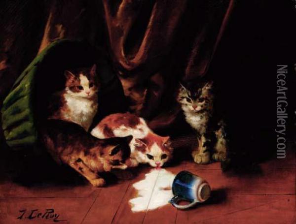 Kittens Enjoying Spilt Milk Oil Painting - Jules Le Roy