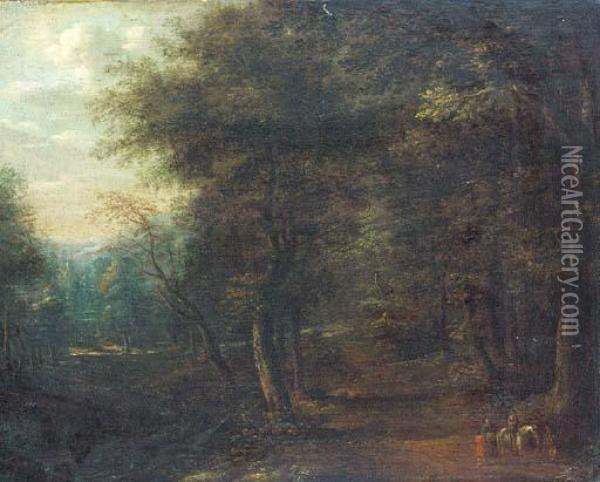 A Wooded Landscape With Travellers On A Track Oil Painting - Lucas Van Uden
