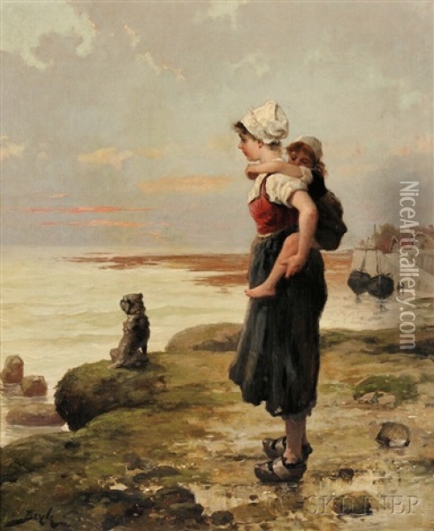 Keeping Watch By The Shore Oil Painting - Pierre-Marie Beyle