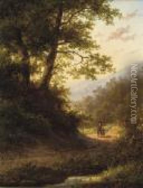 Walking In The Forest At Sunset; And Resting Under A Tree Oil Painting - Jan Evert Morel