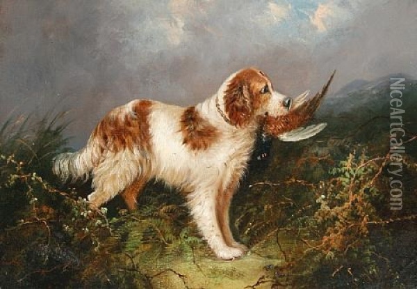 A Setter With A Pheasant (+ Two Dogs In A Stable; Pair) Oil Painting - J. Langlois