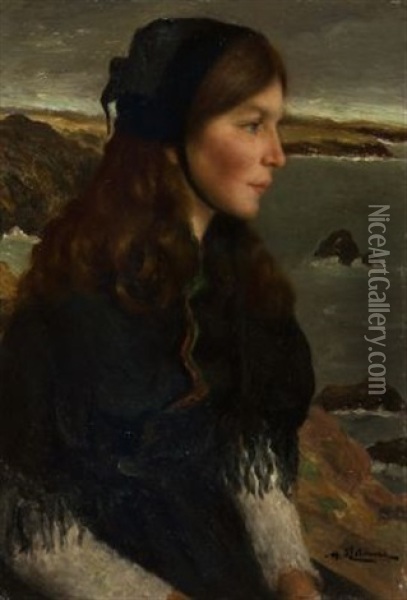 Madchen In Bretonischer Tracht, Aufs Meer Schauend Oil Painting - Henry d' Estienne