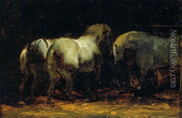 Trois Chevaux Dans Une Ecurie Oil Painting - Theodore Gericault