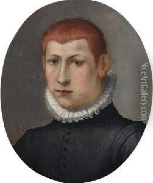 Portrait Of A Gentleman, Bust-length, In A Black Doublet Andstanding Ruff Oil Painting - Alessandro Allori