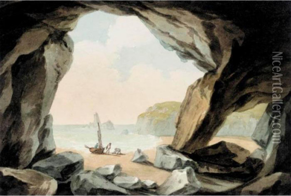 A View From A Cave Near Tenby, South Wales Oil Painting - John Warwick Smith