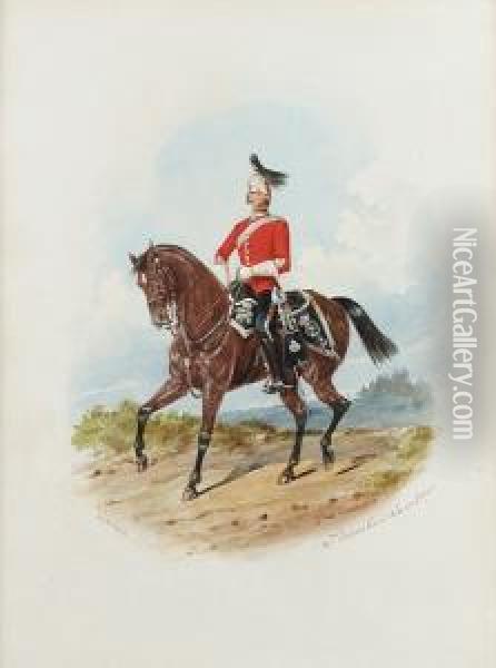 An Officer In The 2nd Dragoon Guards, 'the Queens Bays'. Oil Painting - Richard Simkin