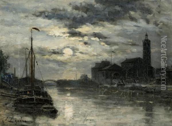 Le Canal De L'ourcq, L'eglise Saint-christophe Oil Painting - Stanislas Lepine