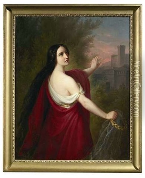 Cassandra, Mit Ihrem Linken Arm Auf Das Brennende Troja Weisend Oil Painting - Johann Georg Buchner