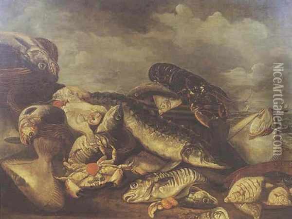 Nature Morte De Poissons Et Coquillages Oil Painting - Abraham van Beyeren