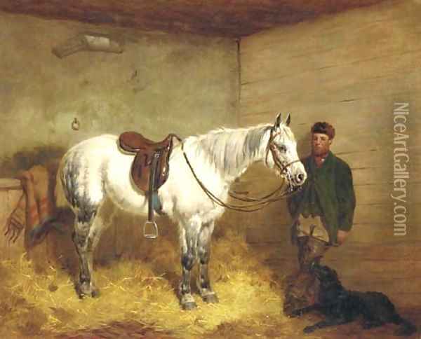 A saddled grey pony and groom in a stable with a retriever Oil Painting - Harry Hall