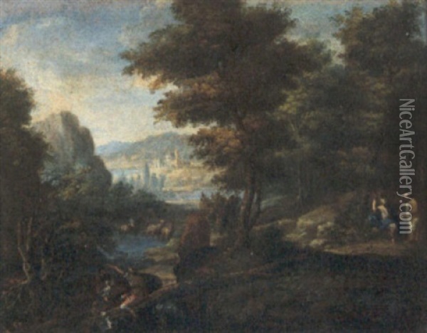 Storia Biblica In Paesaggio Boschivo Oil Painting - Gaspard Dughet