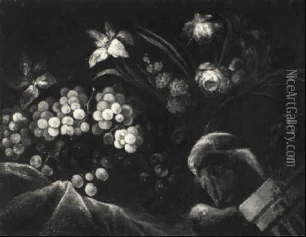 Stilleben Von Weintrauben, Blumen Mit Einem Papagei Oil Painting - Michele Antonio Rapous
