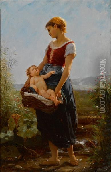 A Devoted Mother Oil Painting - Timoleon Marie Lobrichon