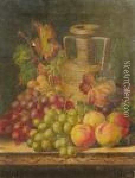 A Still Life With A Rhenish 
Flagon, A Partridge And Fruit On A Wooden Ledge; A Still Life Of A Vase 
And Fruit On A Wooden Ledge Oil Painting - Charles Thomas Bale