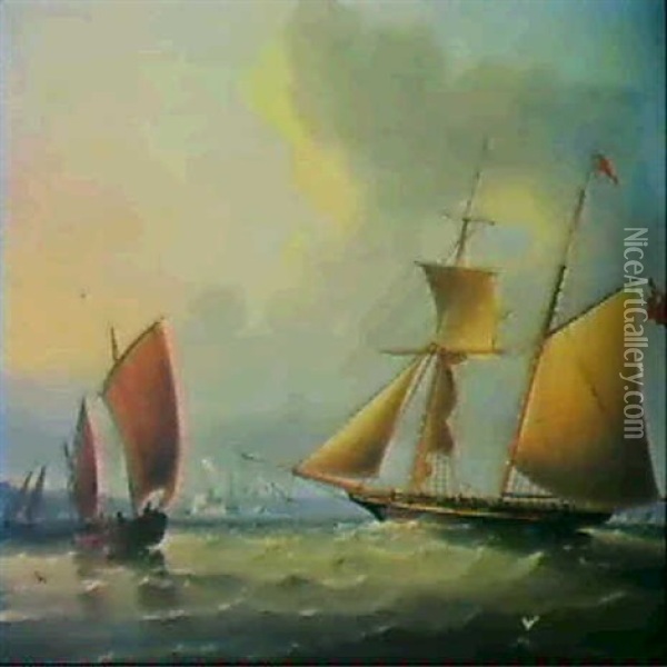 A Schooner And Other Shipping With The Tower Of Babel And   Lisbon Beyond Oil Painting - Thomas Buttersworth