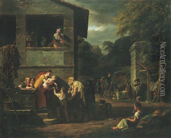 A Blind Beggar Accompanied By A Small Boy Outside A House, Washerwomen And Other Figures Watching Beyond Oil Painting - Antoine Beranger