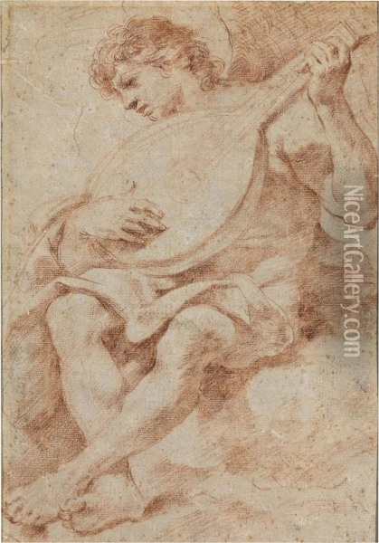 An Angel Seated On A Cloud Playing The Lute Oil Painting - Guercino