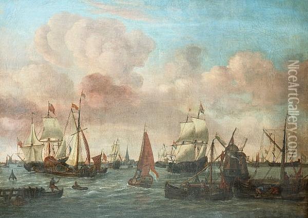 Dutch Shipping Off A Coastal Town Oil Painting - Johannes de Blaauw
