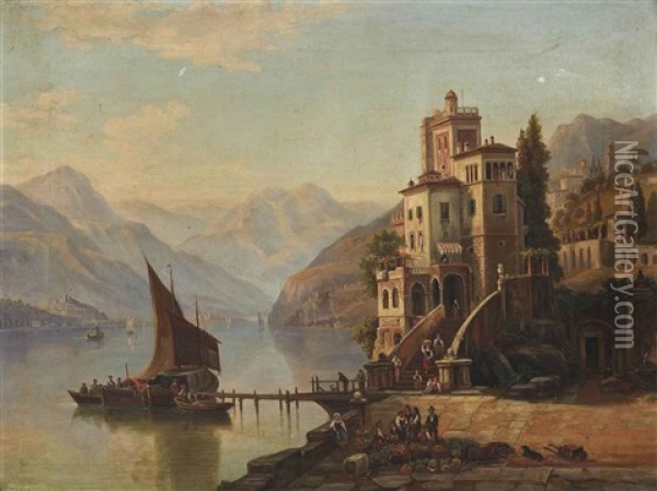 Loading Barges At A Villa, Lake Como Oil Painting - Henry Jackel